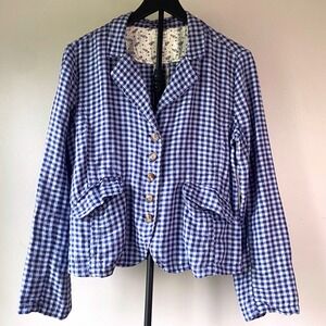 Sundance Ziri Blue Gingham Slouchy Linen Blazer‎ Jacket Womens Petite Small